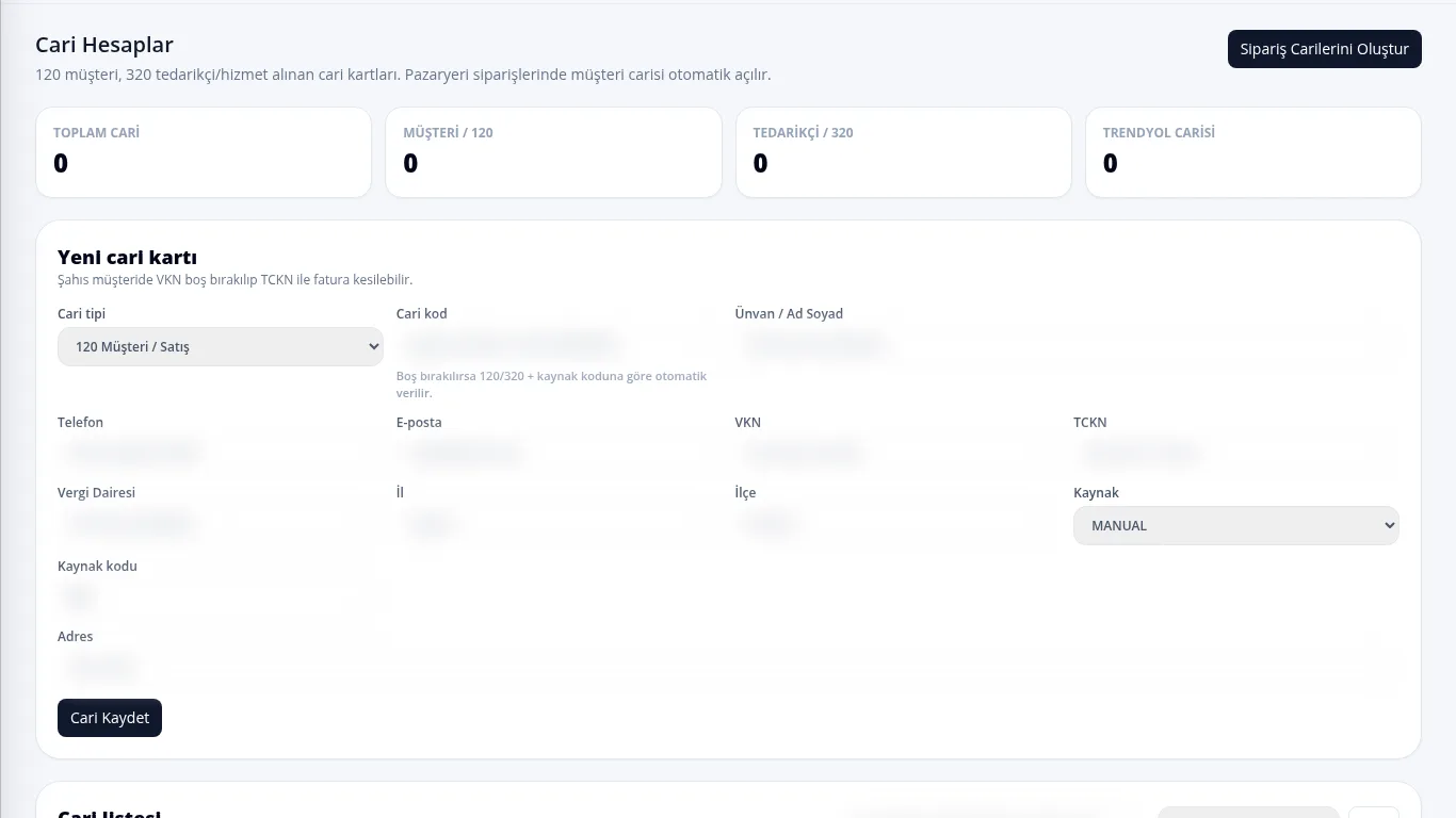 Simurgh ERP cari hesaplar ekranı