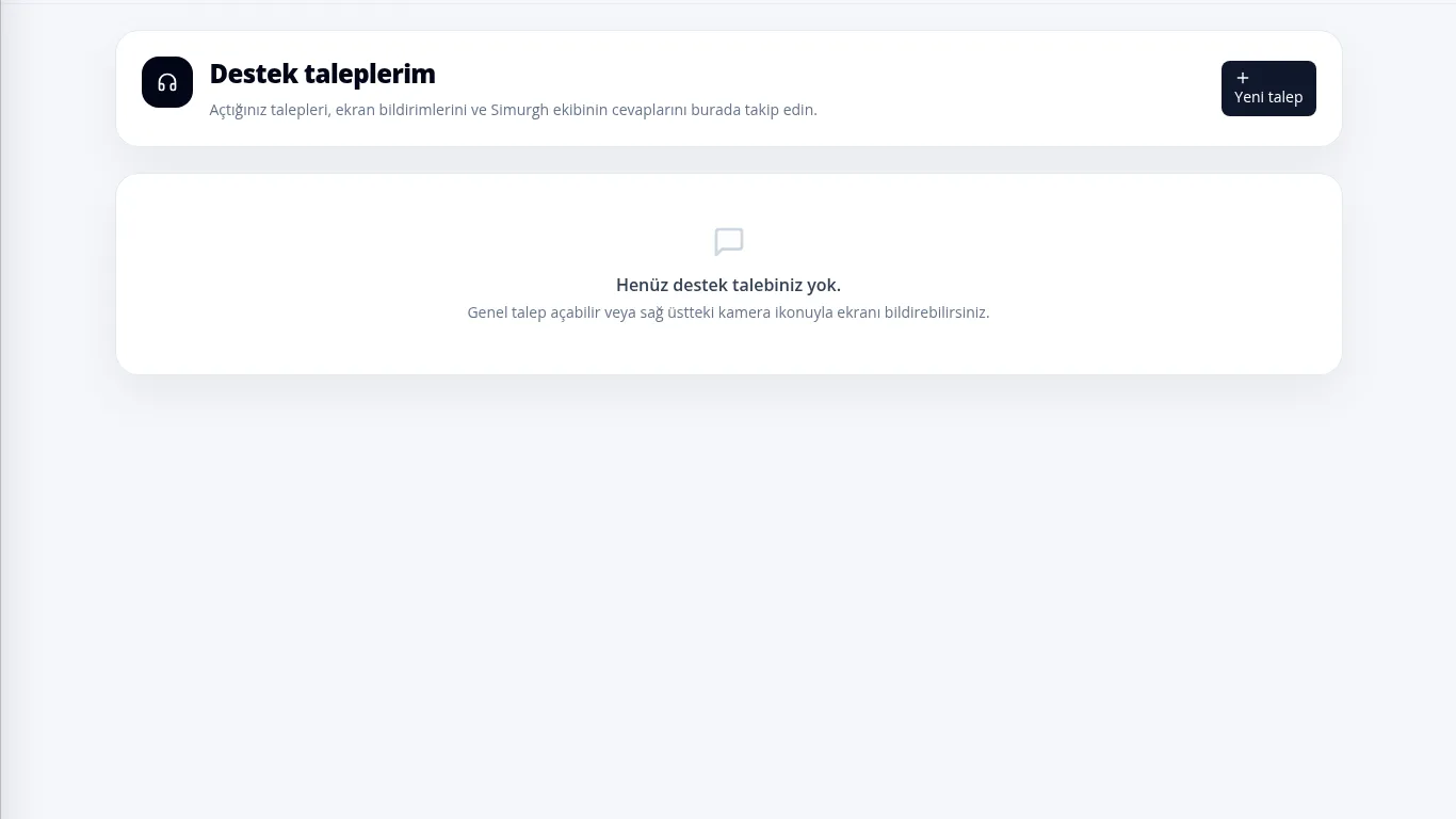 Simurgh ERP destek talepleri ekranı