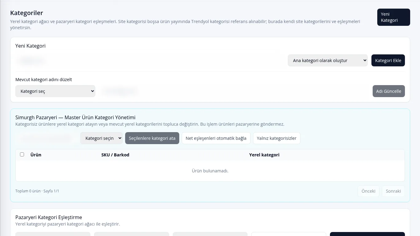 Simurgh ERP kategori yönetimi ekranı