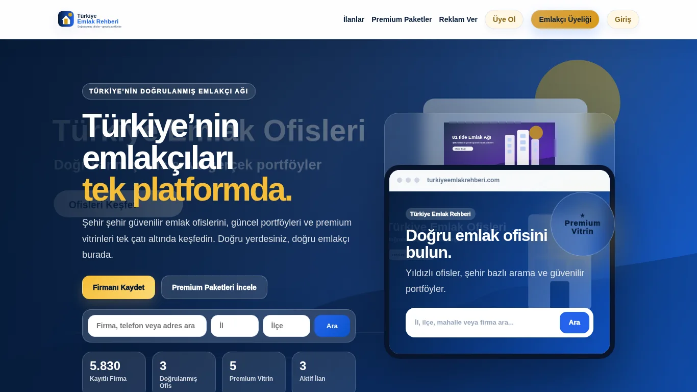 Türkiye Emlak Rehberi canlı sistem görünümü
