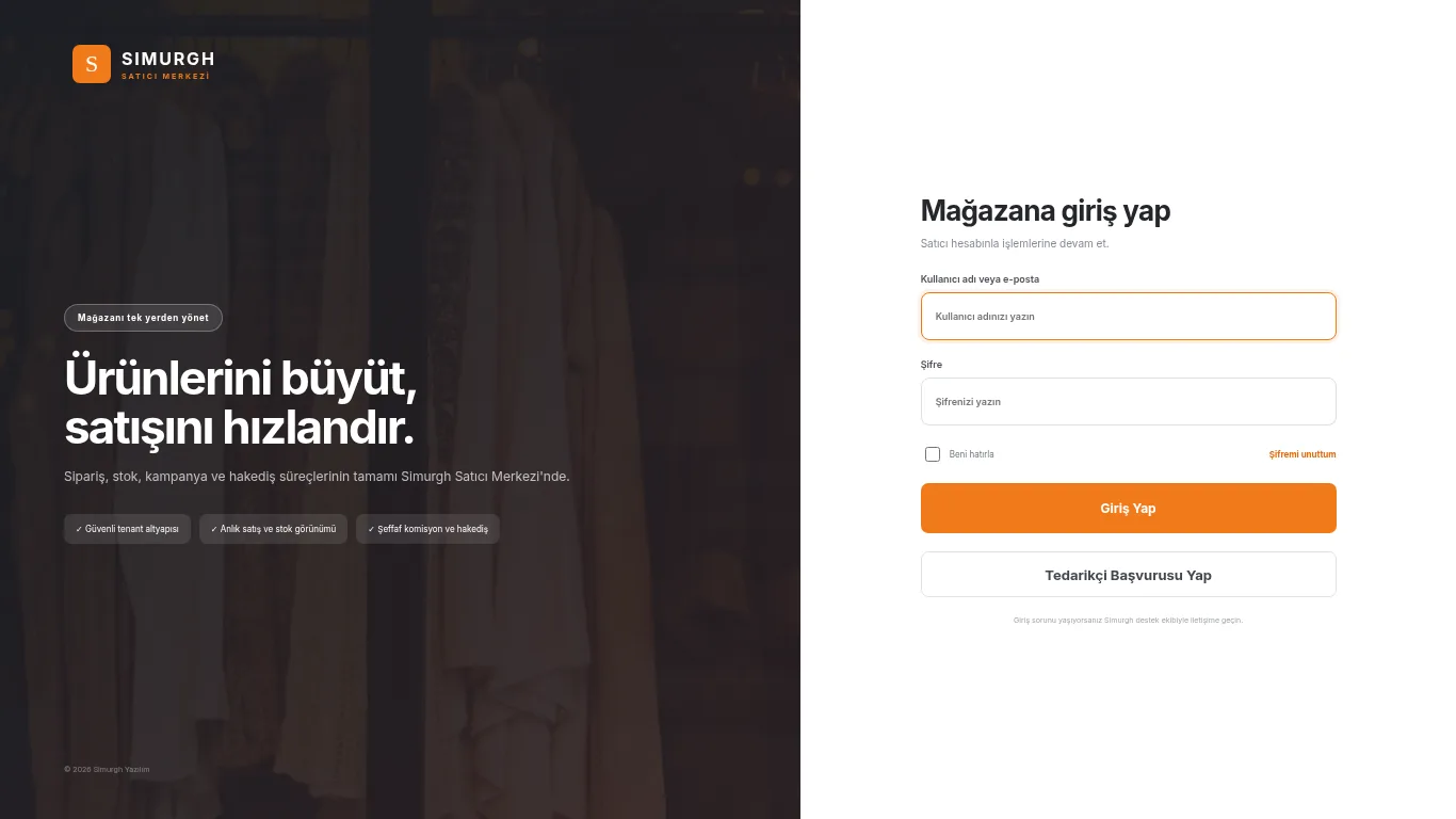 Simurgh Satıcı Merkezi mağaza giriş ekranı